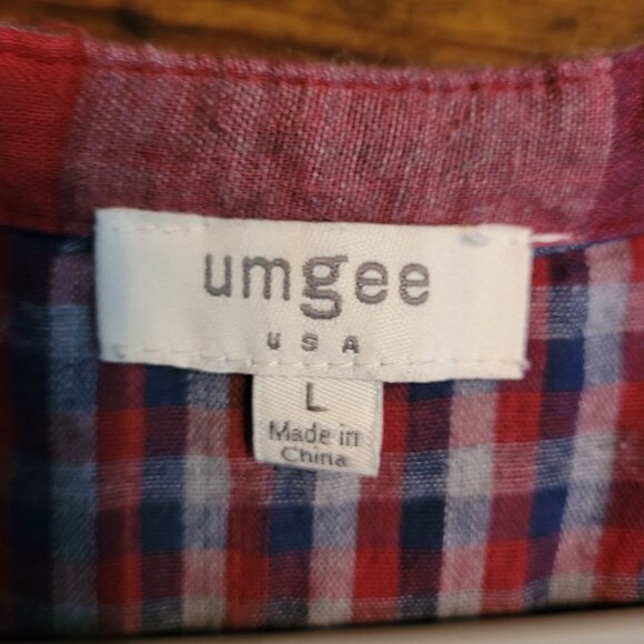 Umgee Surplice Top L Plaid Tab Sleeve Pleated Hi Low Hem Red Blue Gray Lagenlook - Picture 5 of 10